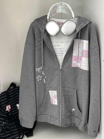 Grey Cartoon Print Zip Hoodie