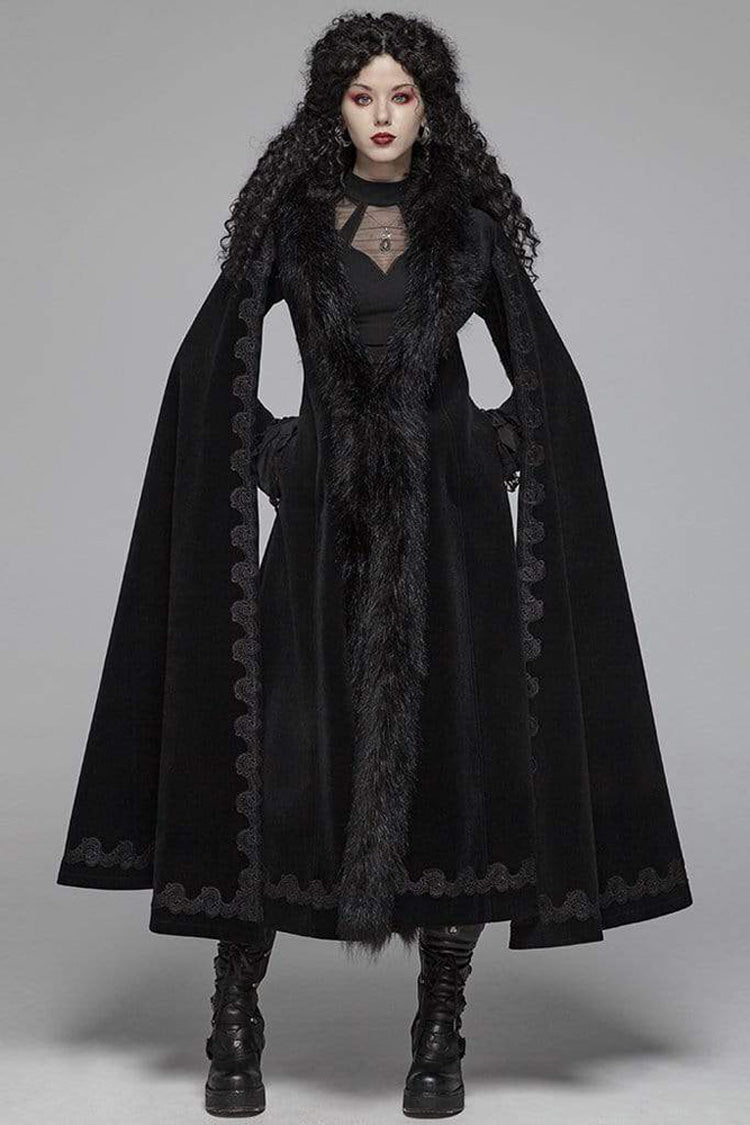Gothic Fur Collar Slit Cloak Sleeve Back Lace-Up Faux Cashmere Long Coat