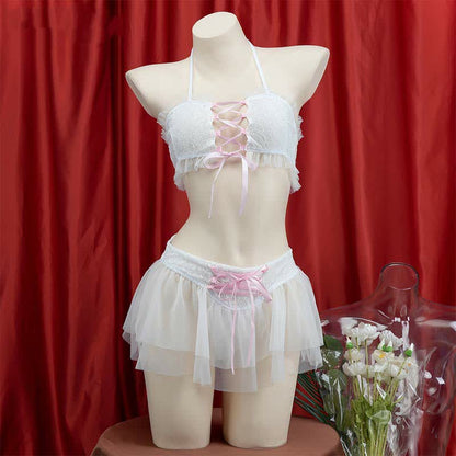 Sweet Halter Lace up Chiffon Maid Lingerie Set