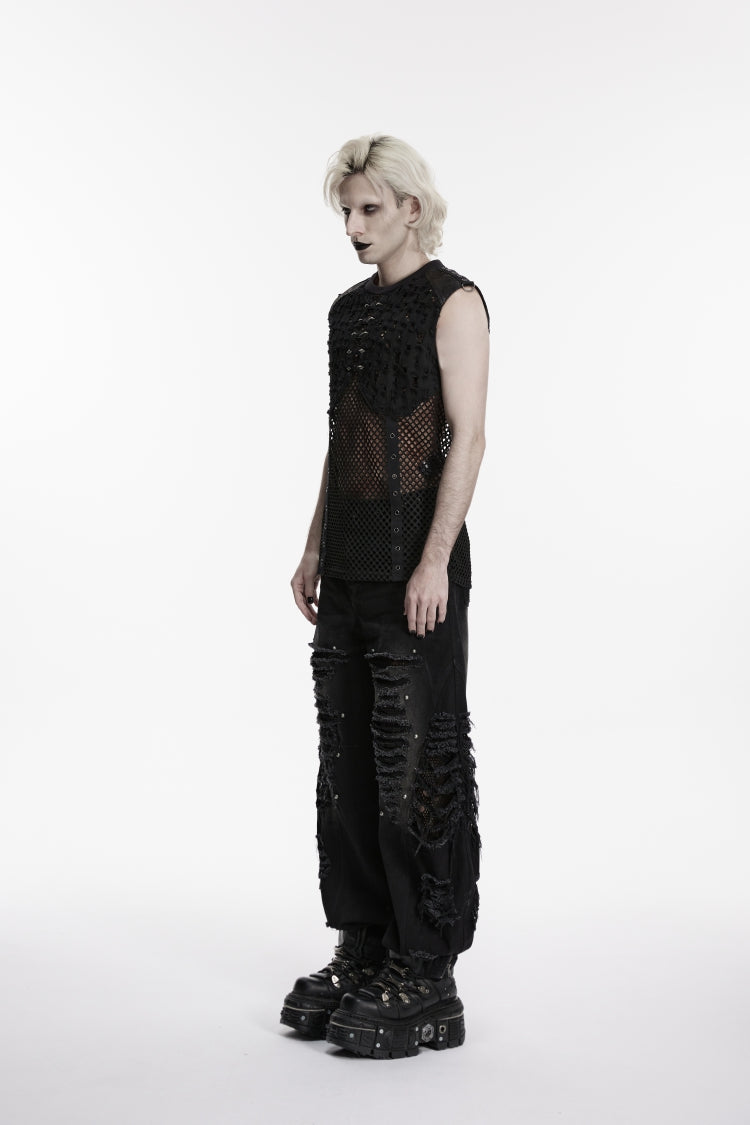 Noir Punk Sleeveless with Torn Mesh and Studded Details