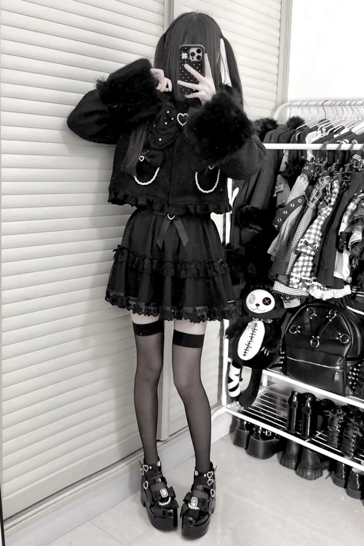 Long Sleeves Bow Sheep Wool Gothic Jirai Kei Short Coat