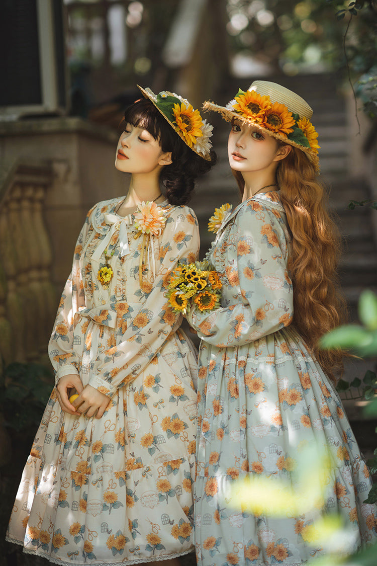 Apricot Sunflower Long Sleeve Floral Bow Elegant Lolita Dress