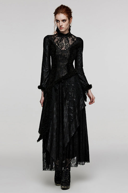 Ebony Long Bell Sleeves Cutout Stitching Lace Mesh Gothic Gown