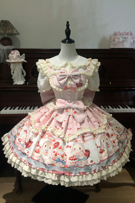 Pink [Cute Rabbit Party] Sleeveless Double-Layered Printed Ruffled Bow Sweet Lolita Jsk Dress
