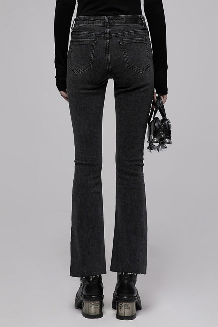 Distressed Denim Asymmetrical Flared Punk Pants with Elastic Waist