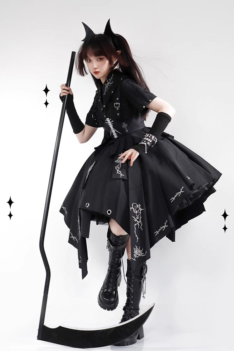 Nocturnal Rose Print Short-Sleeve Elegant Gothic JSK Dress