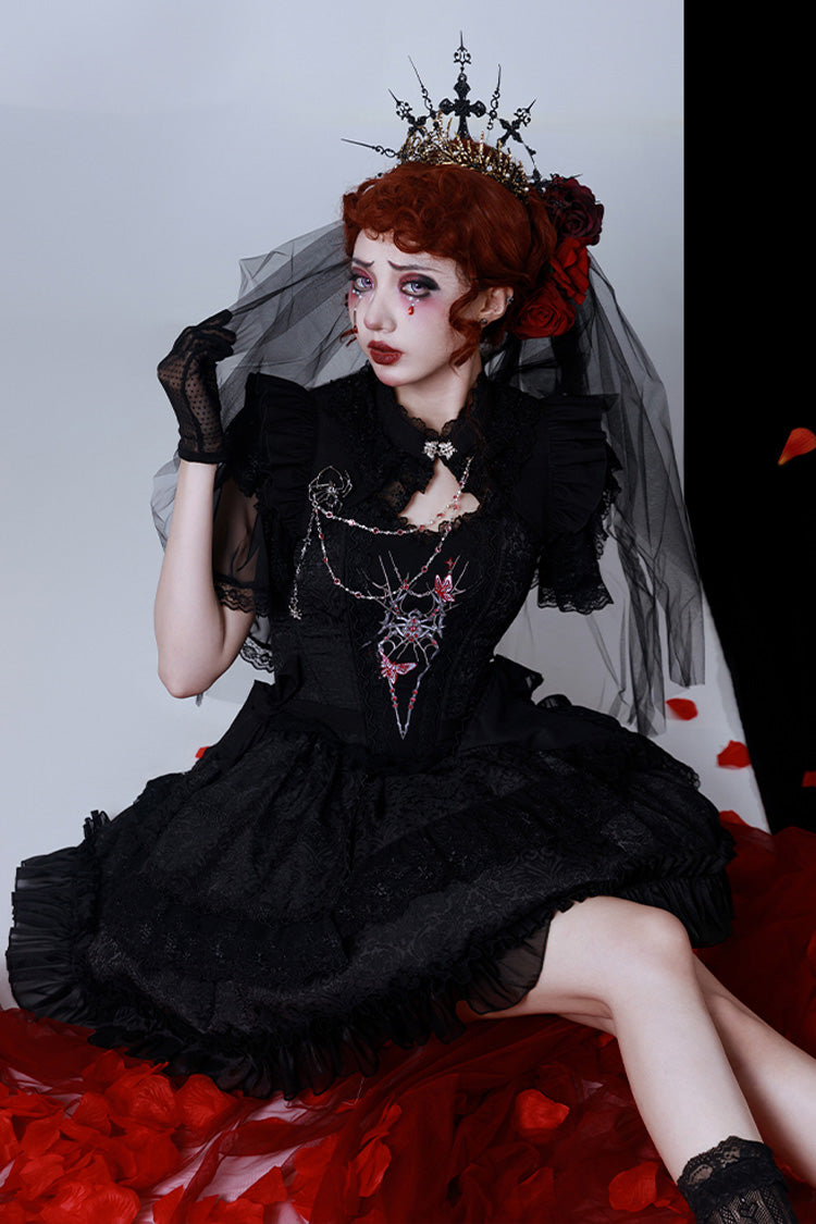 Sleeveless Gothic Lace Skirt Set with Spider Bow