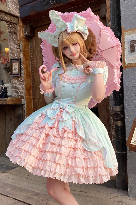 Pink Green Honeydew Melon Short Sleeve Layered Ruffle Bow Sweet Dress