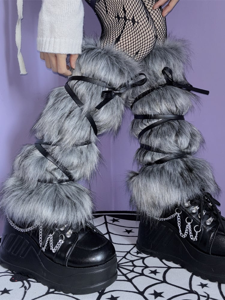 Grey Self-tie Strap Shaggy Plush Leg Warmers