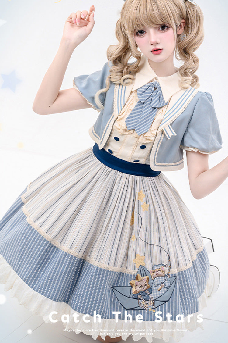 Navy Star-Print Ruffle Sleeveless Bowknot Sweet Lolita Dress