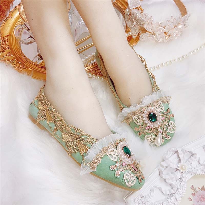 Vintage Lace Pearl Rhinestone Flat Shoes