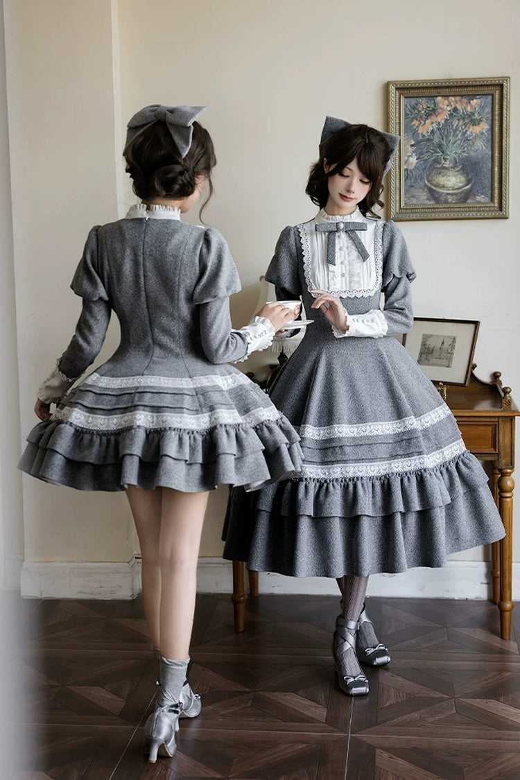 Ash Stand-Collar Ruffled Bow Lolita Gown with Poetry Motif