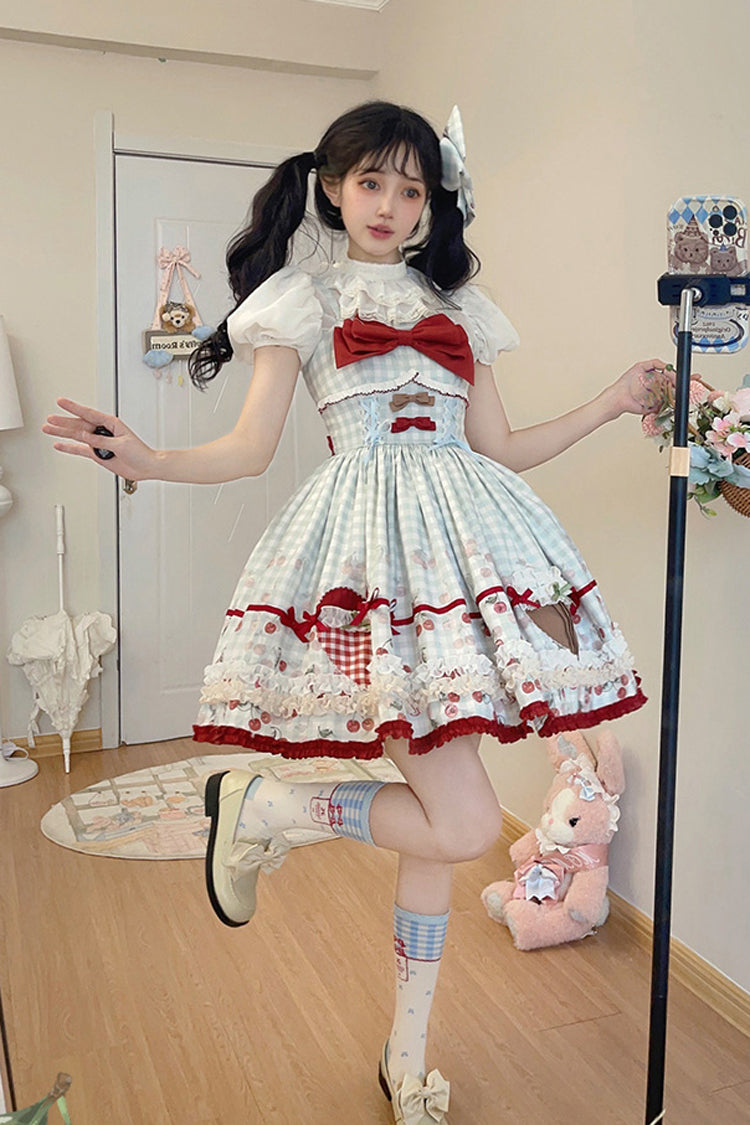 Light Blue Plaid Bowknot Sweet Lolita Jumper Dress