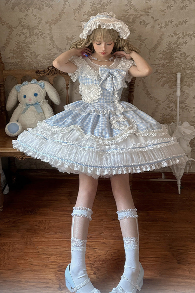 Tea Break Sweetheart Short Sleeve Plaid Print Ruffle Sweet Lolita Gown