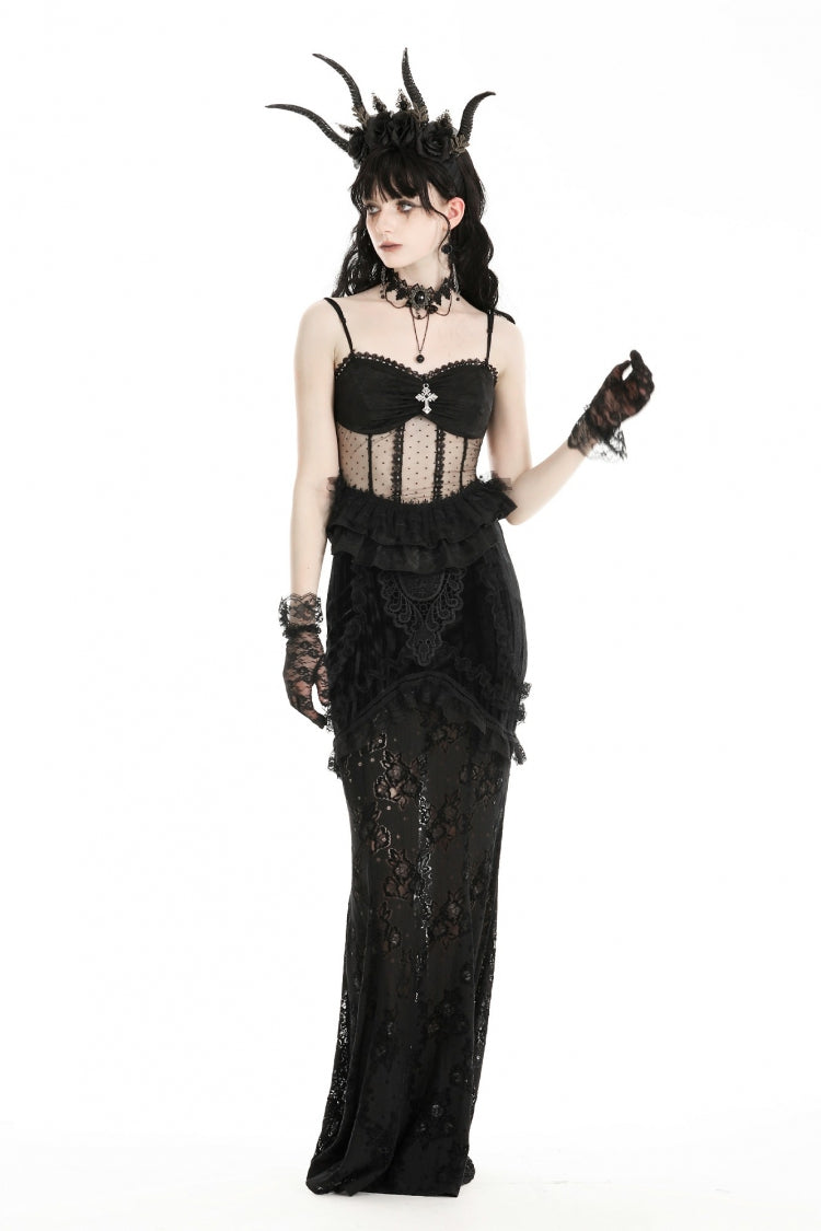 Obsidian Double-Layered Lace Ruffle Top with Spaghetti Straps - Gothic Sheer