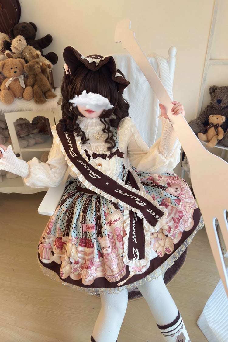 Multi-Color Cat Chocolate Patisserie Sleeveless Printed Ruffled Bow Lace Sweet Strap Dress