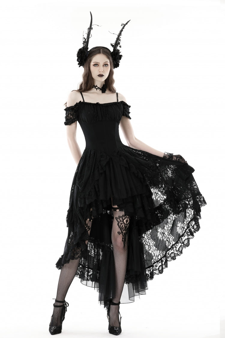 Gothic Dovetail Dress with Off-Shoulder Puff Sleeves & Lace