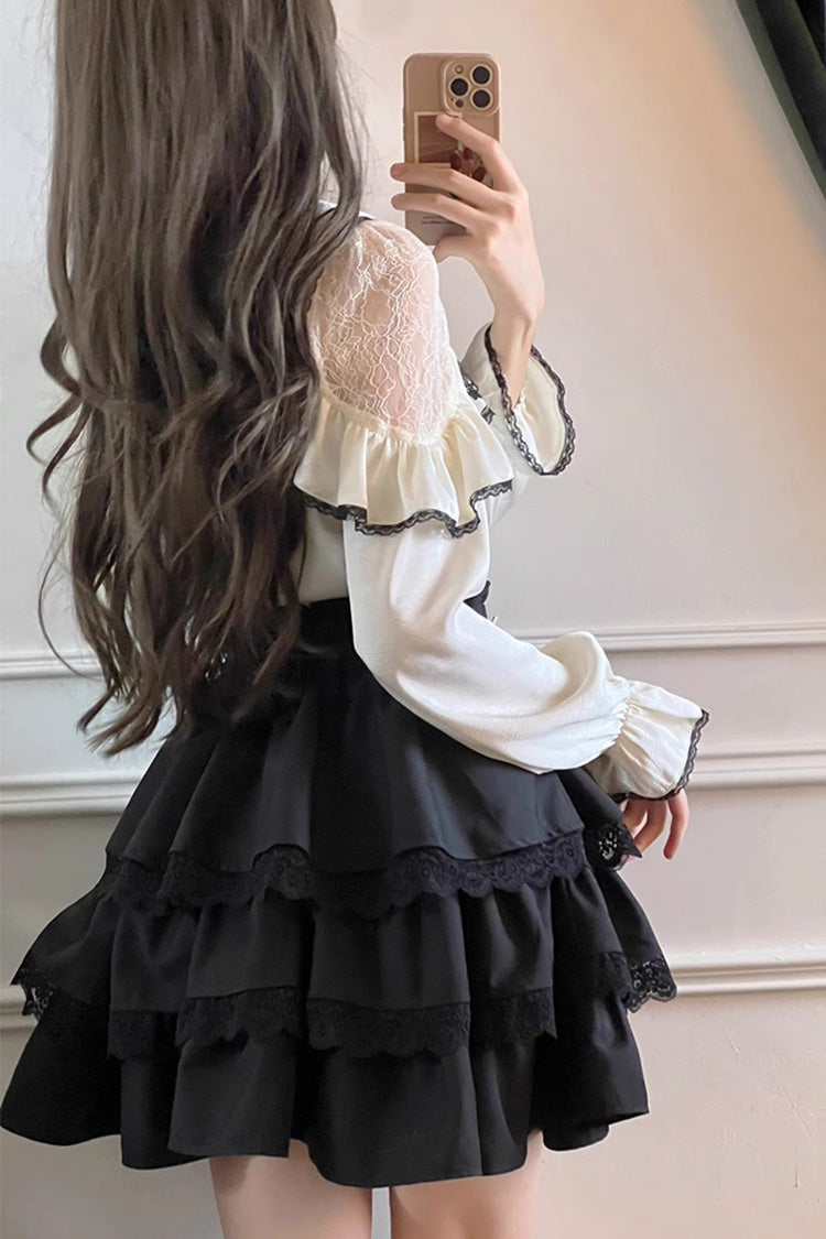 Monochrome Sailor-Collar Jirai Kei Skirt Set with Multi-Layered Ruffles and Bow