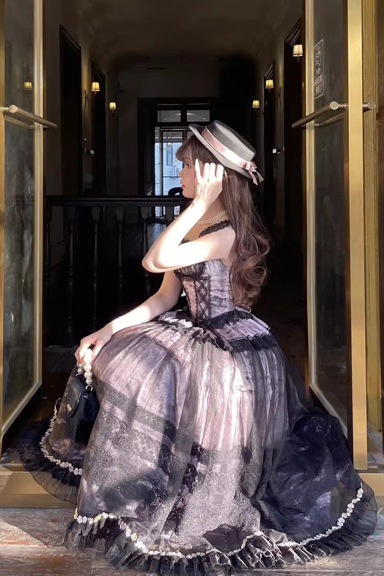 Sweet Lolita JSK Dress with Ruffle Bowknot, Lace-Up, Grey/Pink Mist Vineyard