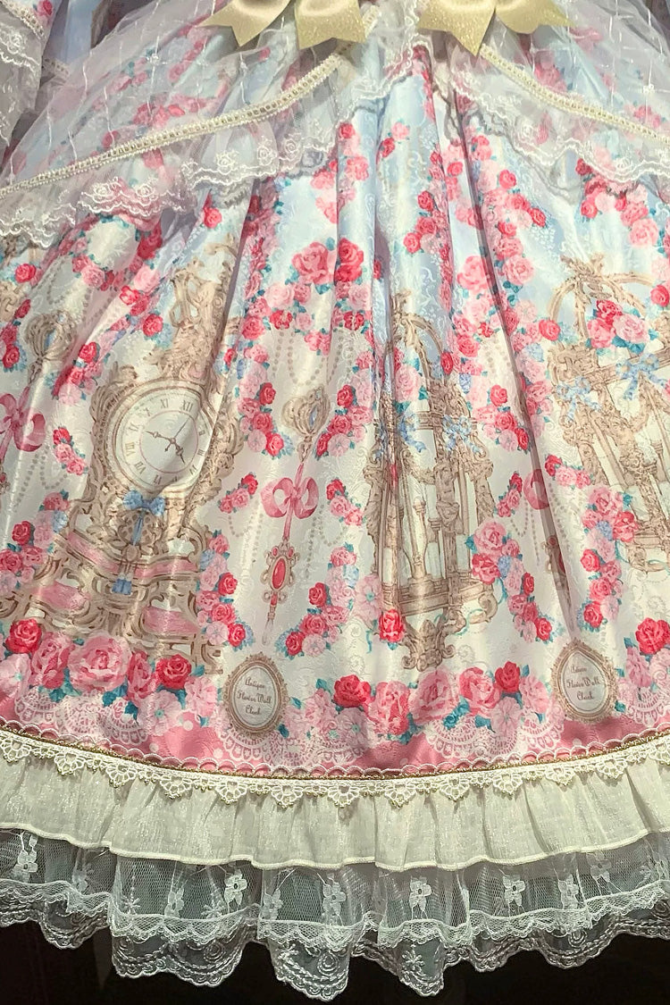 Blue/Pink [Rose Garden Prelude] Square Collar Long Trumpet Sleeves Printed Ruffled Bow Lace Lace-Up Sweet Lolita Dress
