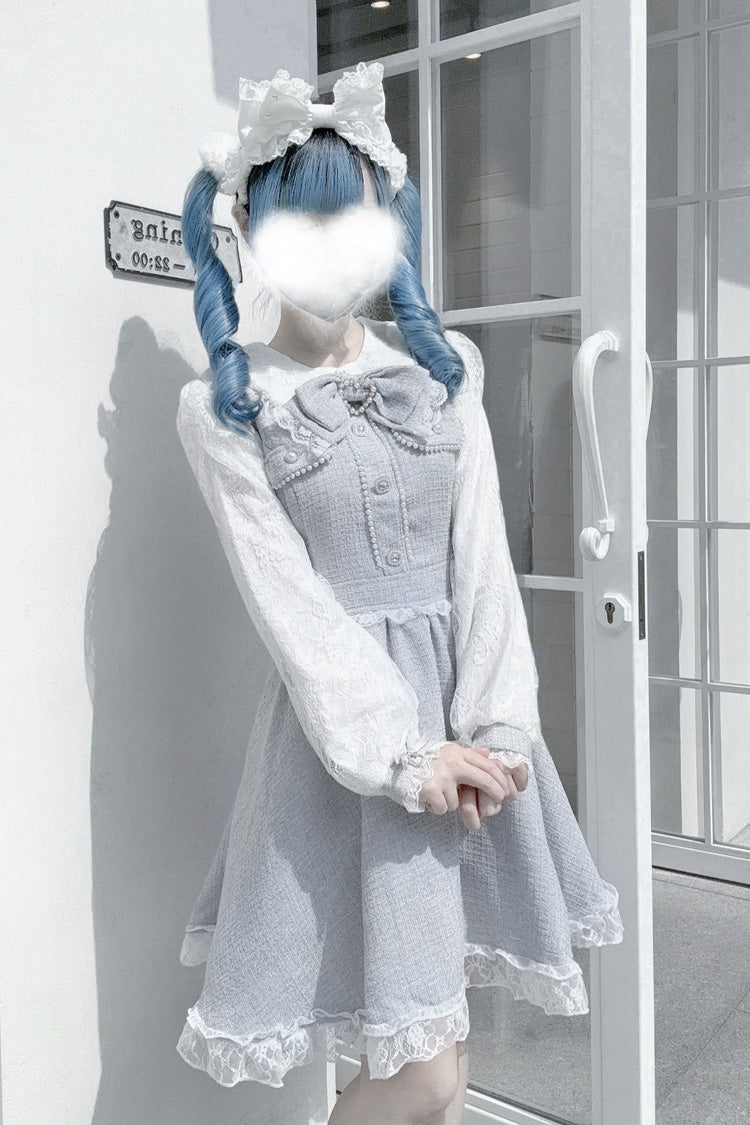 Grey Long Sleeve Bow Lace Pearl Sweet Jirai Kei Dress