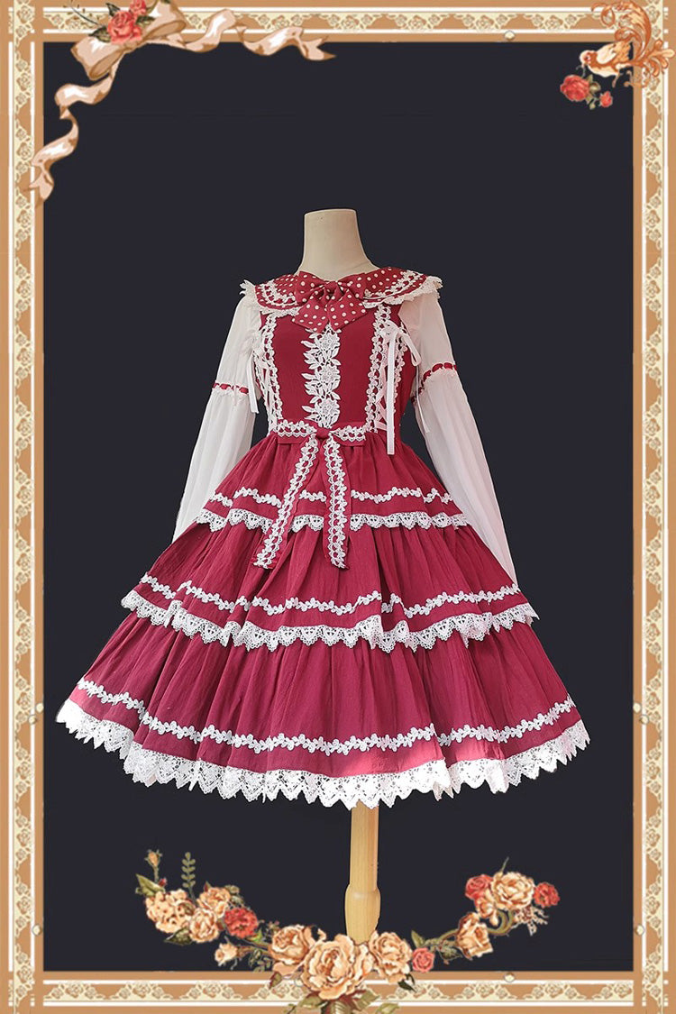 Red and White Three-Tiered Sweet Lolita Dress with Ribbon and Sleeveless