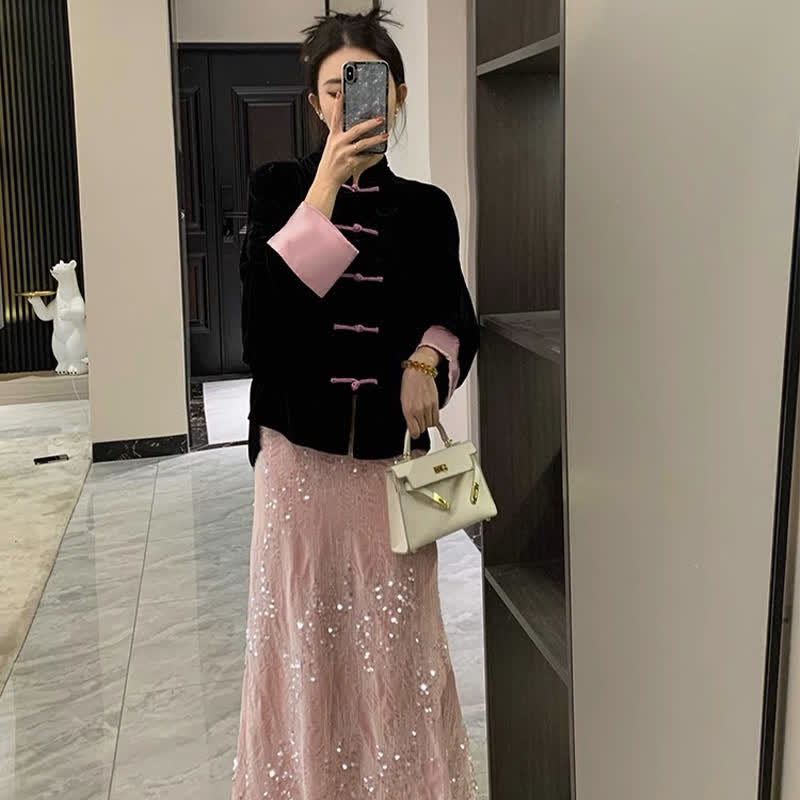 Enchanting Buckle Shirt Sequin Decor Pink Fishtail Skirt