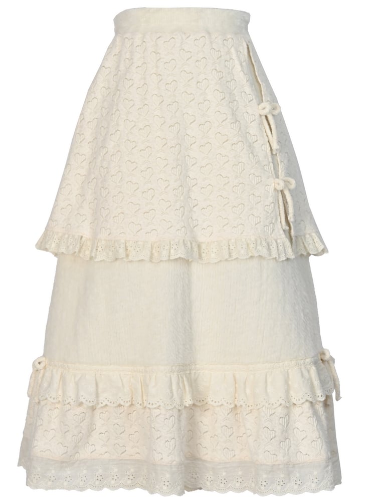 Beige High Waist Sweetheart Bow Accents Lace Trim Midi Skirt