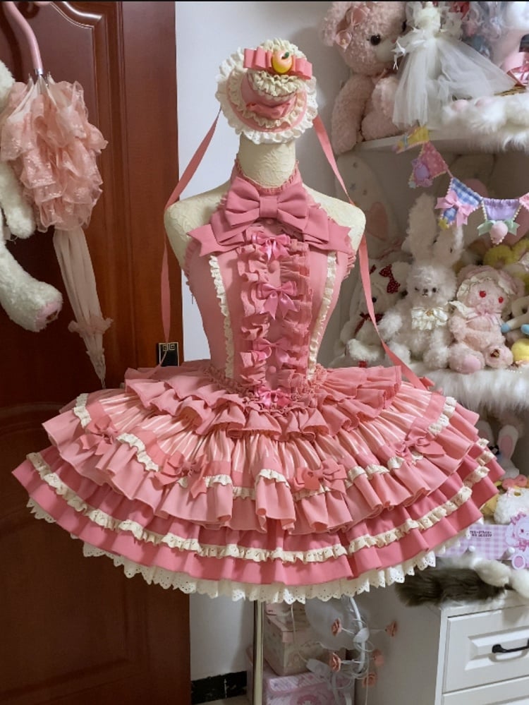 Pink Rose Halter Ruffle Skirt Neck Sweet Bow Lolita Idol Tiered Accents Dress