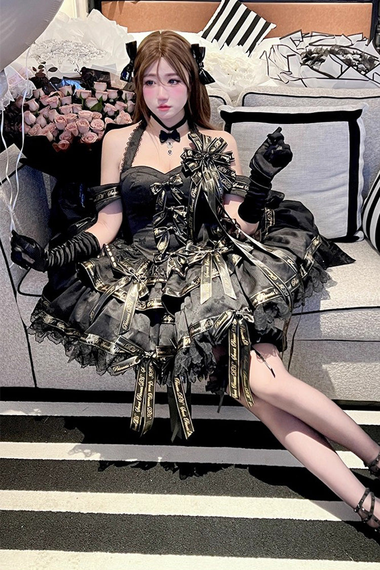 Noir Halter Neck Layered Ruffle Bow Princess Gothic Dress - Young Lady