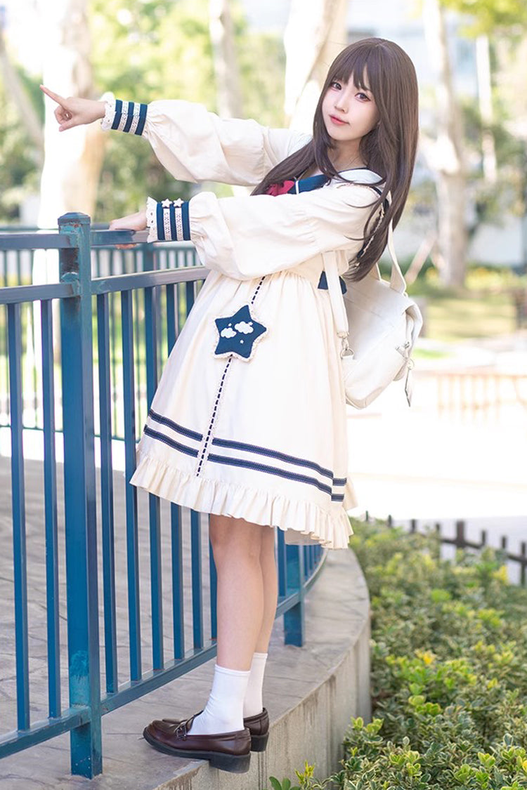 Navy Sweet Lolita Dress with Bowknot Ruffled Long Sleeves