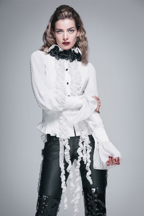 Ivory Gothic Blouse with Chiffon Ruffles and Dovetail Hem