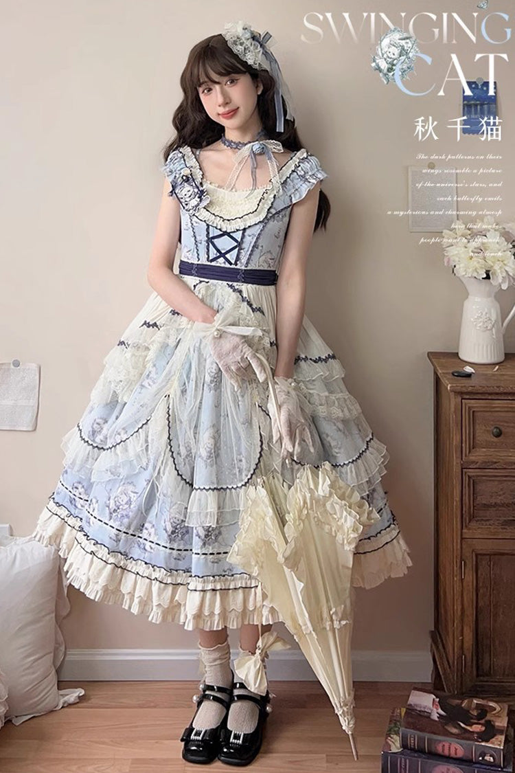 Swing Cat Print Ruffled Bow Lace Sweet Elegant Lolita Jumper Dress