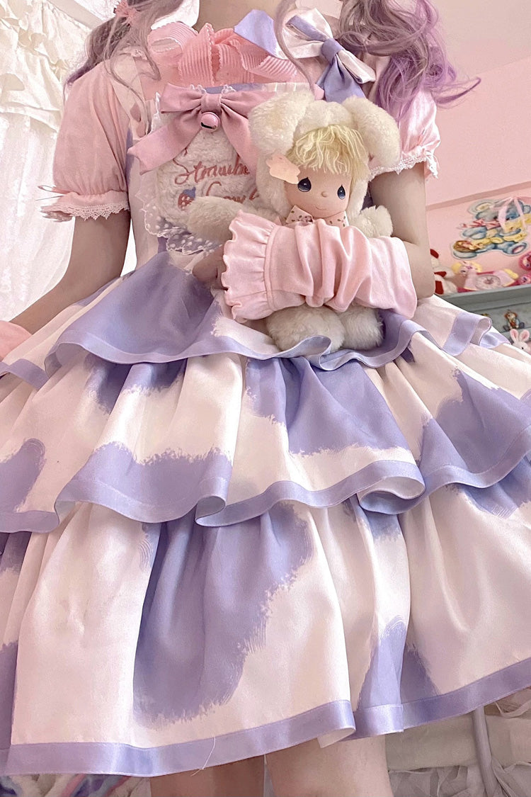 Blue Sleeveless Triple Layer Cow Print Ruffle Bow Sweet Jsk