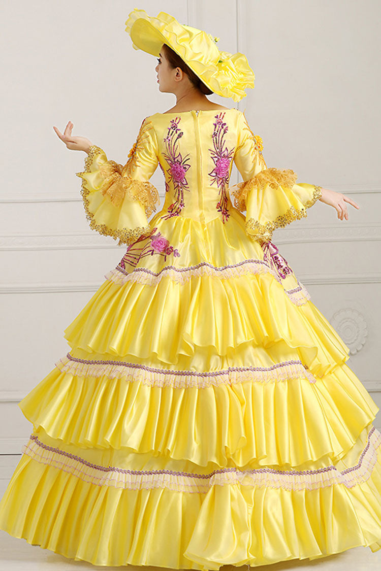 Yellow Victorian Dress with Hime Sleeves and Lace Embroidery - Altfashion Shop