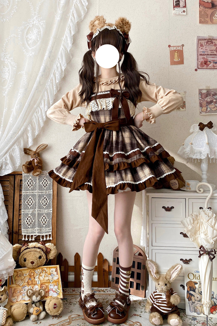 Brown Caramel Cocoa Double-Layered Print Ruffle Bow Sweet Lolita Jsk