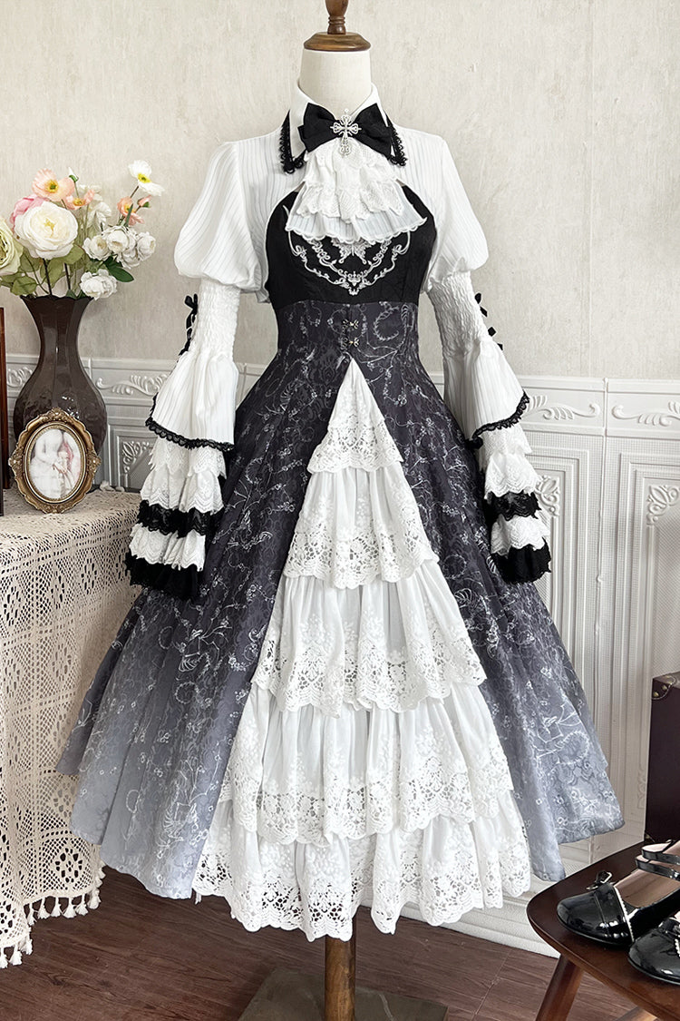 Monochrome Gothic Princess JSK with Bone Print, Ruffled Cardigan, and Lace