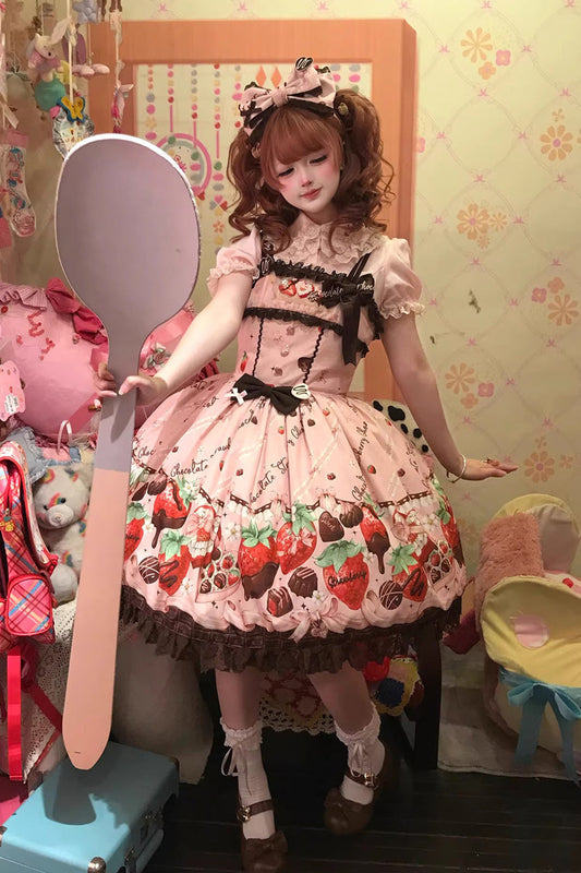 Blush Sleeveless Embroidered Bow Lace Lolita JSK - Strawberry Chocolate Lover
