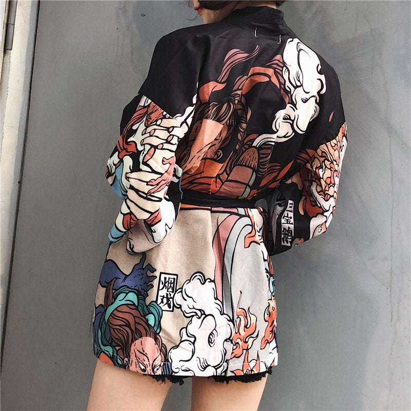 Cartoon Fire Print Casual Vintage Kimono Outerwear