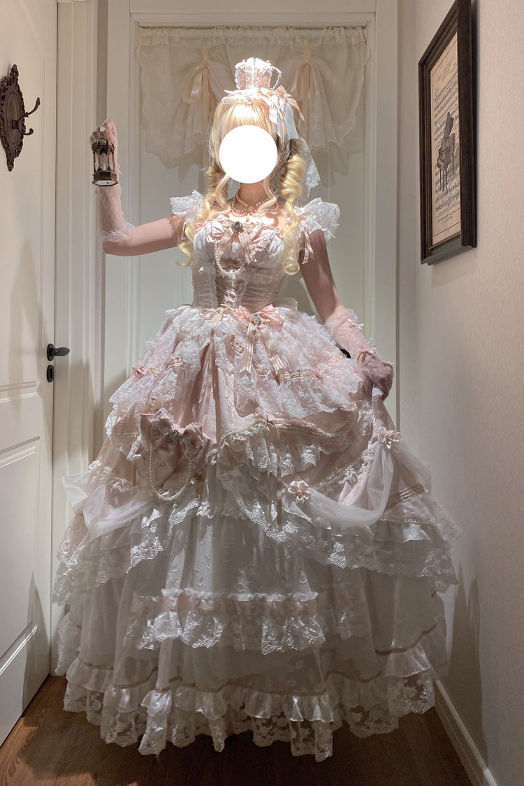 Pink [Anna’s Ball] Square Collar Ruffled Hanayome Bow Lace Sweet Princess Ballet Lolita Jsk Dress