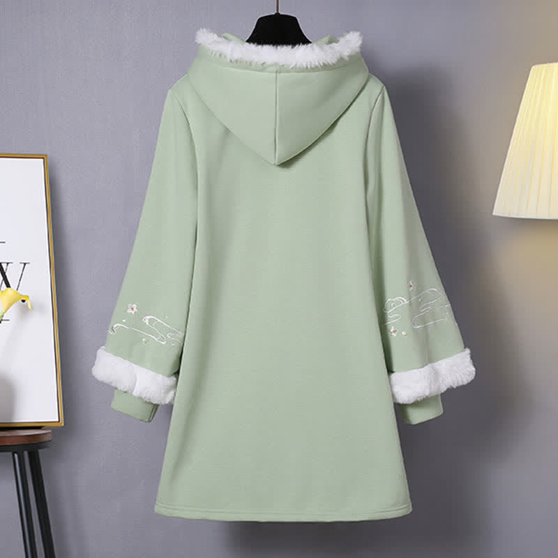 Delicate Flower Embroidery Buckle Plush Hooded Sweatshirt Dress