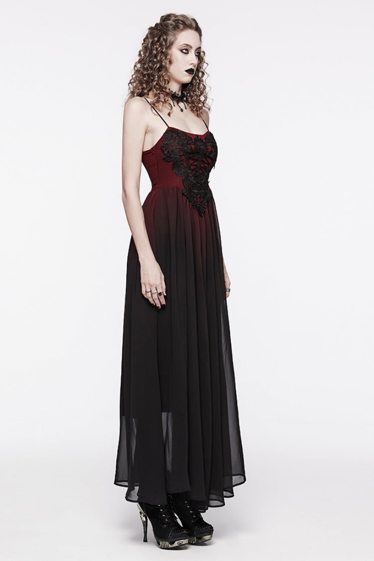 Dark Crimson Floral Embroidered Lace-Up Gothic Slip Dress