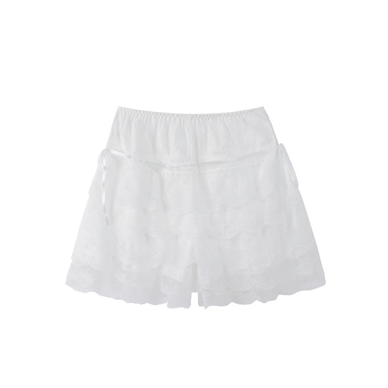 Sweet White Lace-up Layered Lace Trim Undershorts