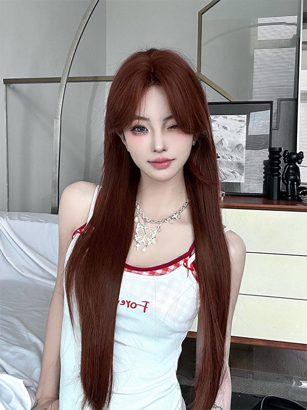 Reddish Brown Long Straight Synthetic Wig With Bangs