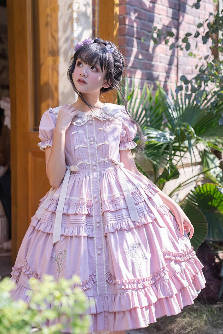 Pink Doll Collar Dress with Iris Embroidery - Sweet