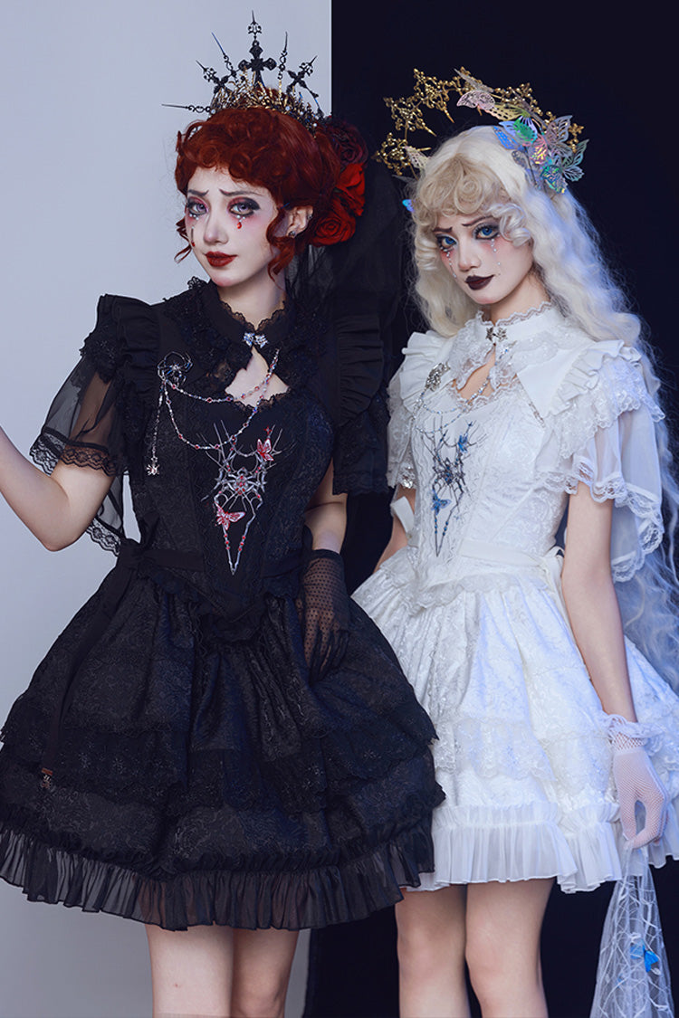 Sleeveless Gothic Lace Skirt Set with Spider Bow