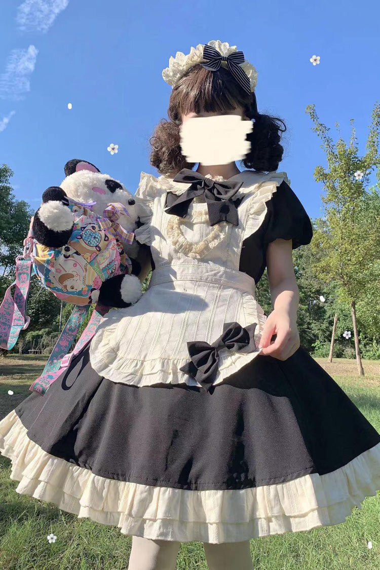 Black/White Maid Long Sleeve Bow Accent Sweet Short Lolita Dress