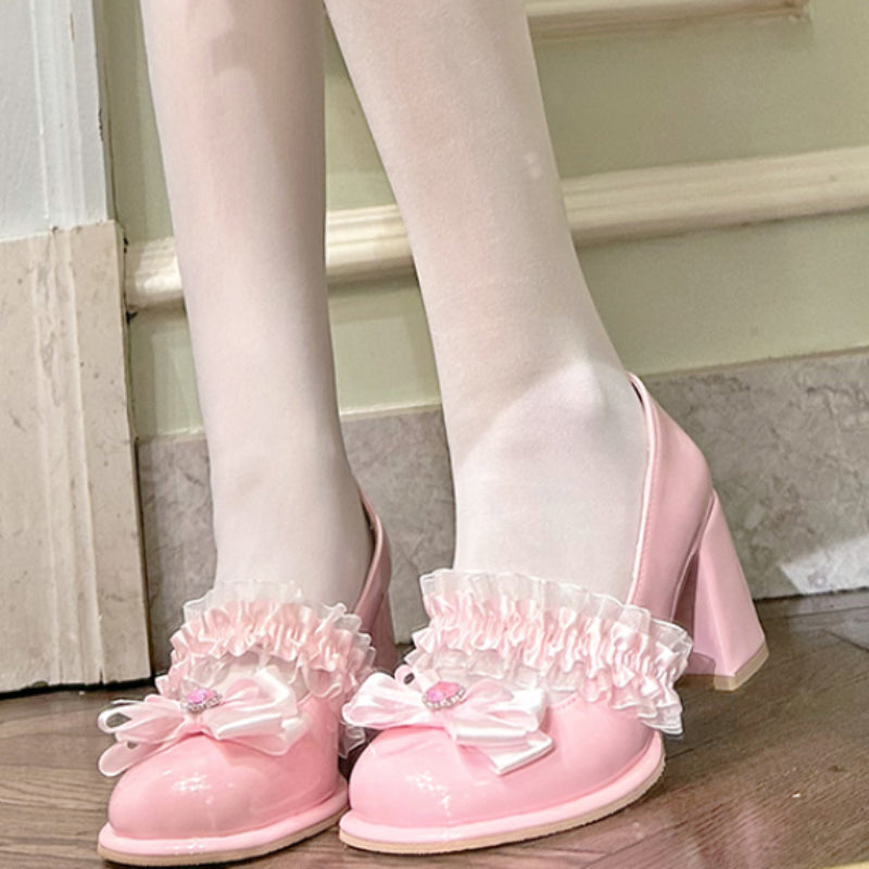 Sweet Peach Pink Bow Lace High Heels MK Kawaii Store