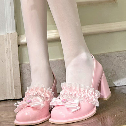 Sweet Peach Pink Bow Lace High Heels MK Kawaii Store