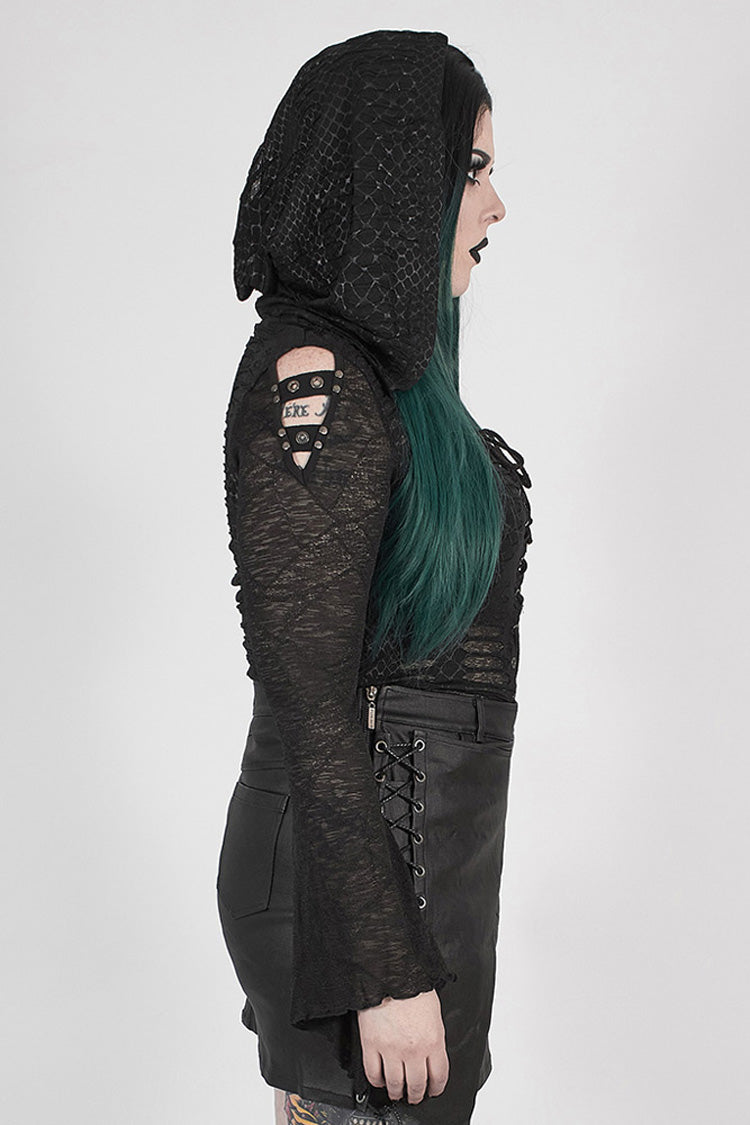 Plus Size Punk T-Shirt for Women in Black with Lace-Up Chest, Flare Sleeves & Distressed Knit Hood